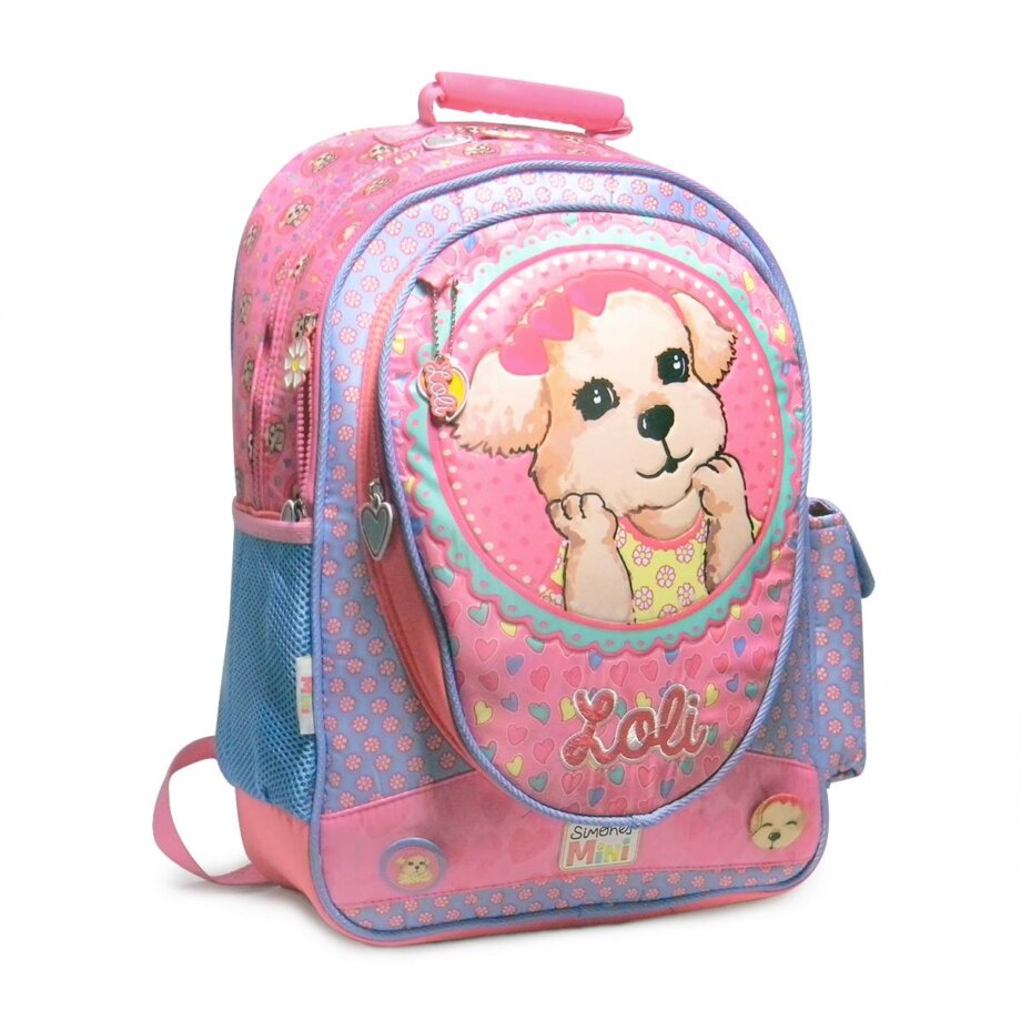 Mochila Simones grande 18" estampada con corazones y florcitas