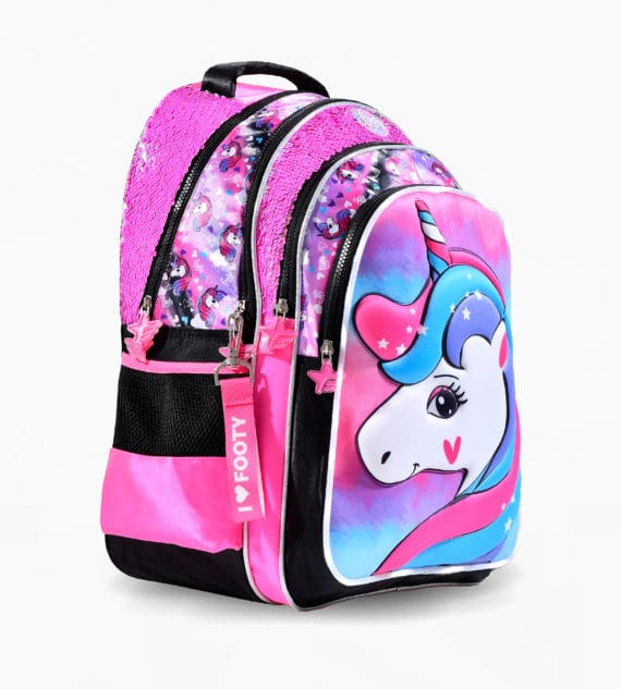 Mochila Footy 18" Unicornio con lentejuelas bolsillo relieve con luces