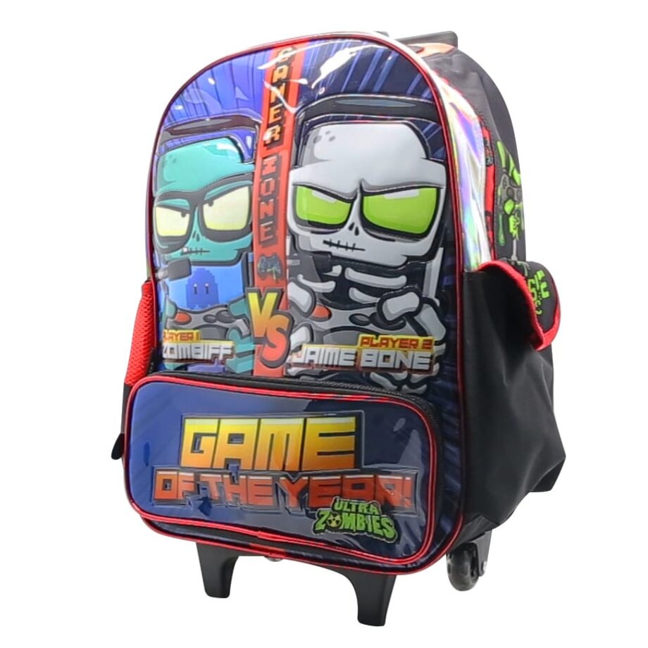 Mochila Zombies de 18" con carro grande GAMER, frente pvc con relieve.