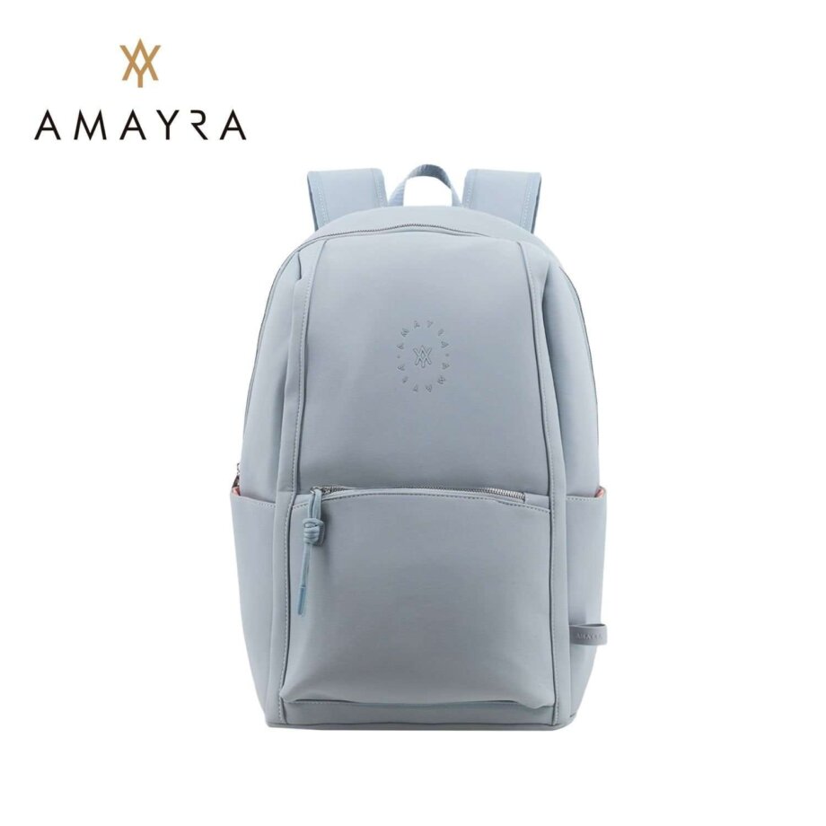 Mochila Amayra porta notebook eco cuero azul.