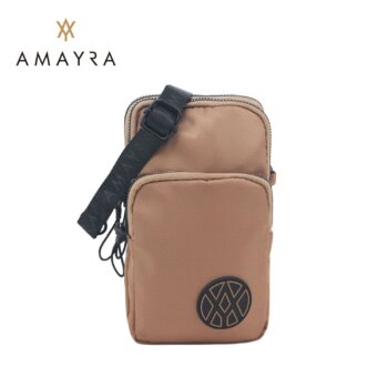 Cartera Amayra porta celular microfibra camel.