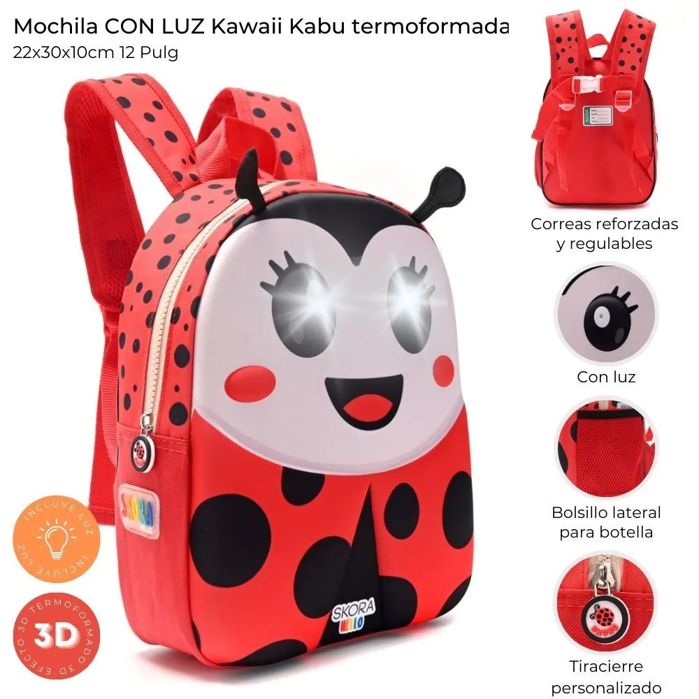 Mochila Skora Mariquita Termoformada 12" P/ Jardín Con Luz.