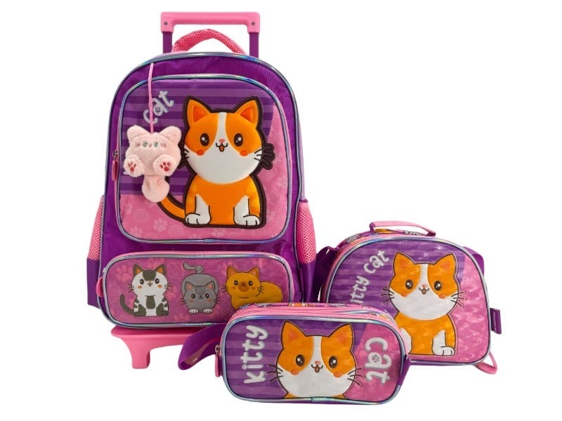 Set de Mochila Magenta "Gatito" 4 Piezas.