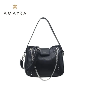 Cartera Amayra Eco Cuero Negro Manijas Con Cadenas.