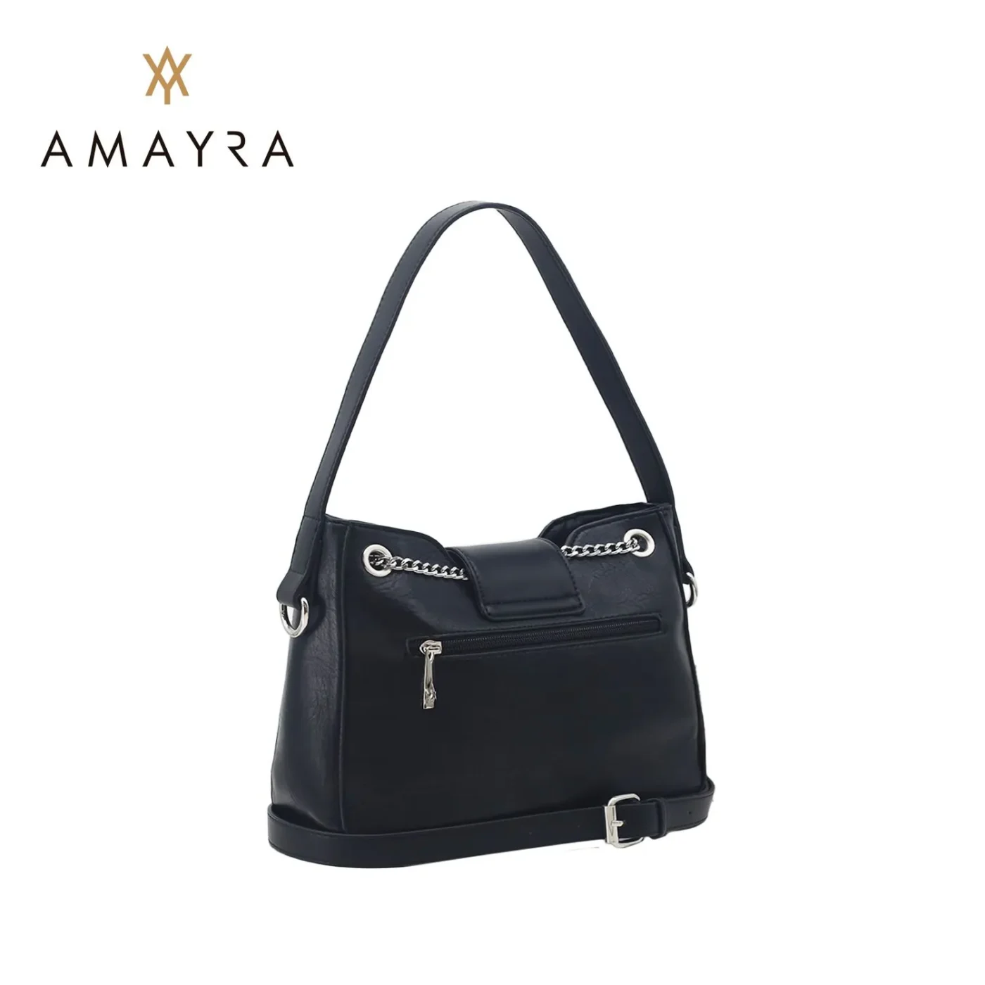 Cartera Amayra Eco Cuero Negro Manijas Con Cadenas.