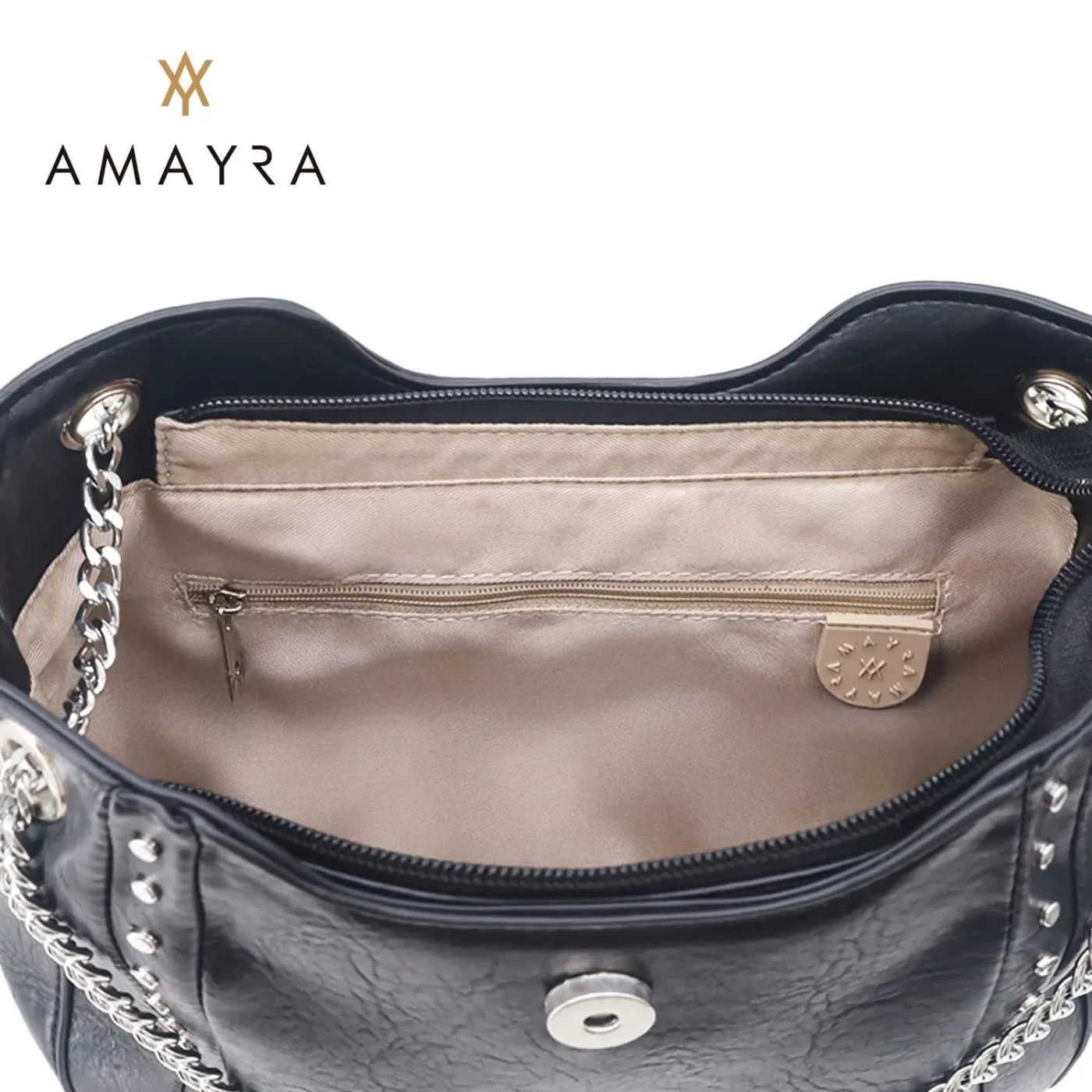 Cartera Amayra Eco Cuero Negro Manijas Con Cadenas.