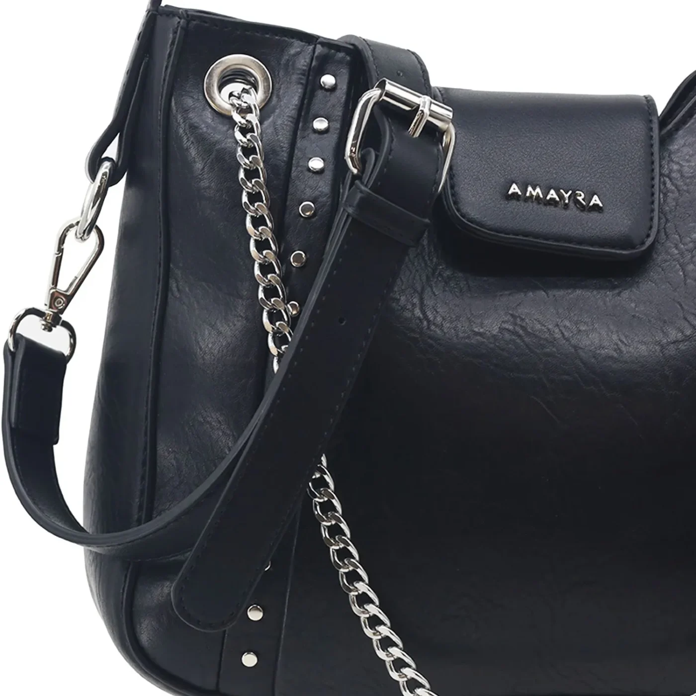 Cartera Amayra Eco Cuero Negro Manijas Con Cadenas.