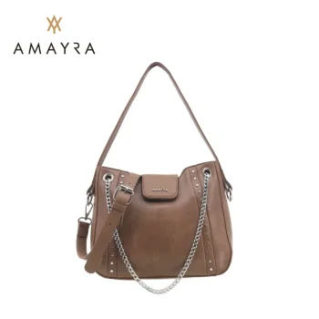 Cartera Amayra Eco Cuero Vison Oscuro Manijas Con Cadenas.