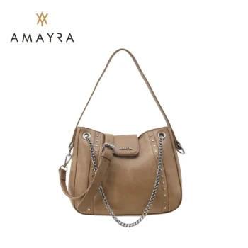 Cartera Amayra Eco Cuero Vison Claro Manijas Con Cadenas.
