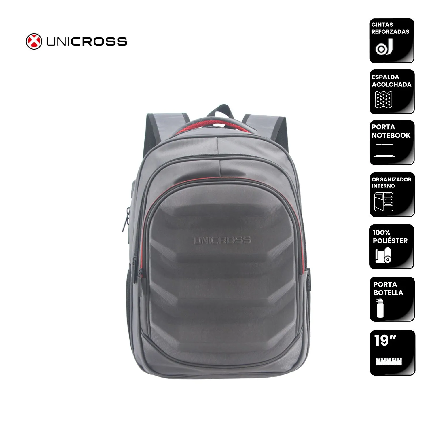 Mochila Unicross P/Notebook 19" Gris Súper Reforzada