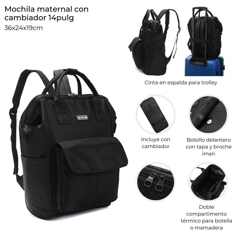 Mochila maternal Skora con cambiador Negra Boca De Pez