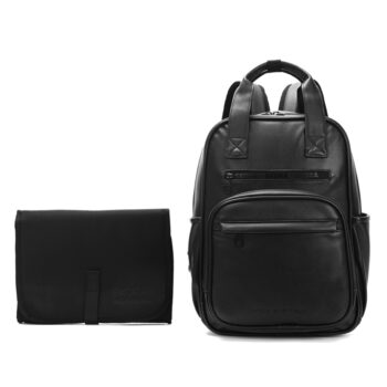 Mochila Maternal Skora Negra C/Cambiador Eco Cuero y Sujetador Para Cochecito
