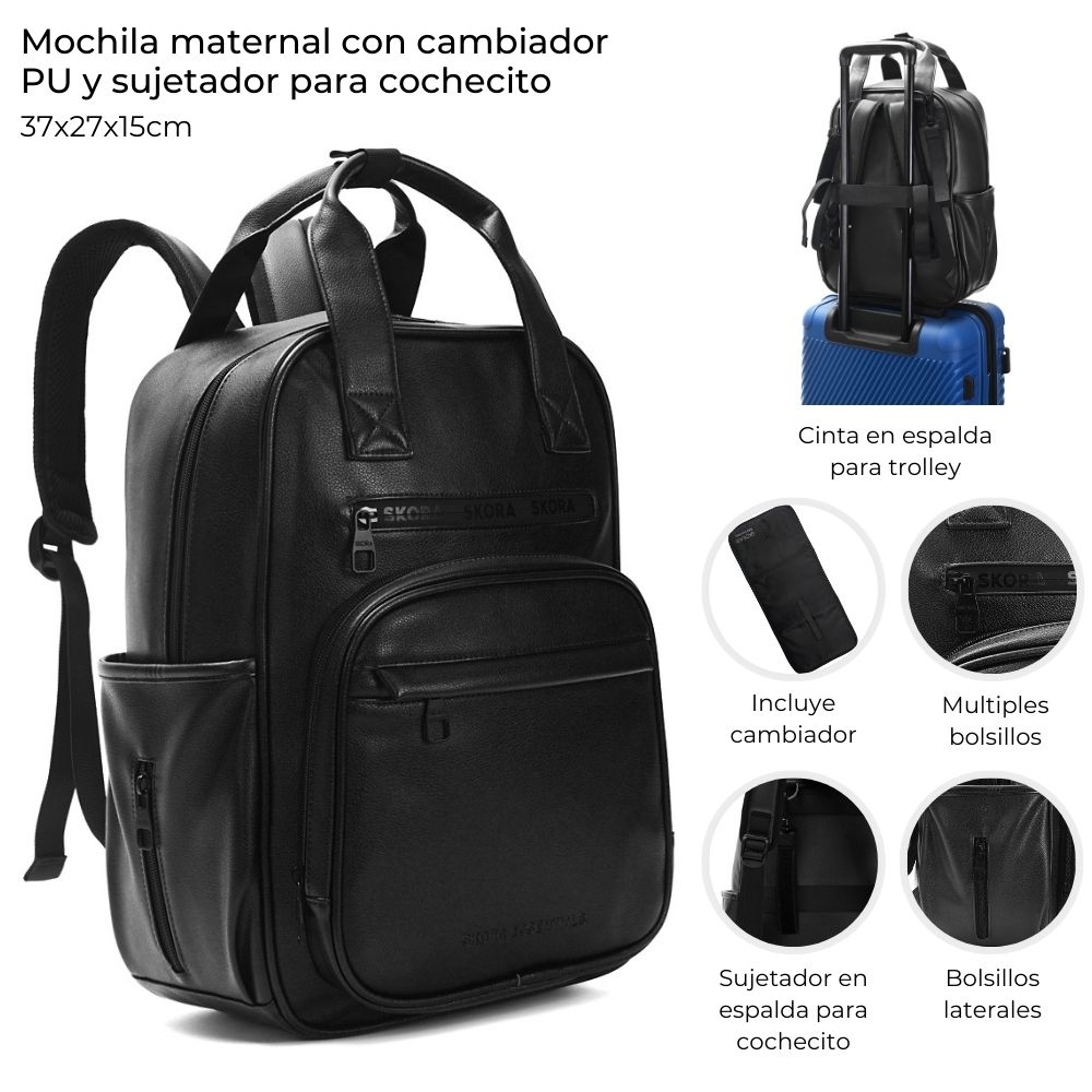 Mochila Maternal Skora Negra C/Cambiador Eco Cuero y Sujetador Para Cochecito