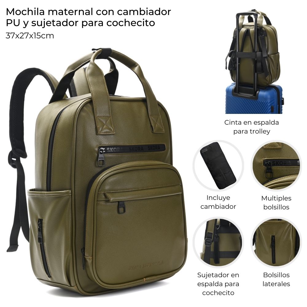 Mochila Maternal Skora C/Cambiador color Cemento sujetador para cochecito