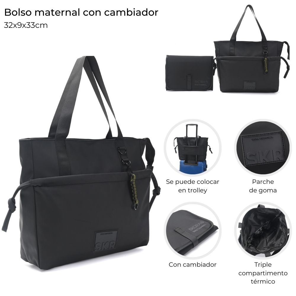 Bolso Maternal Skora Con Cambiador y Llavero Color Negro