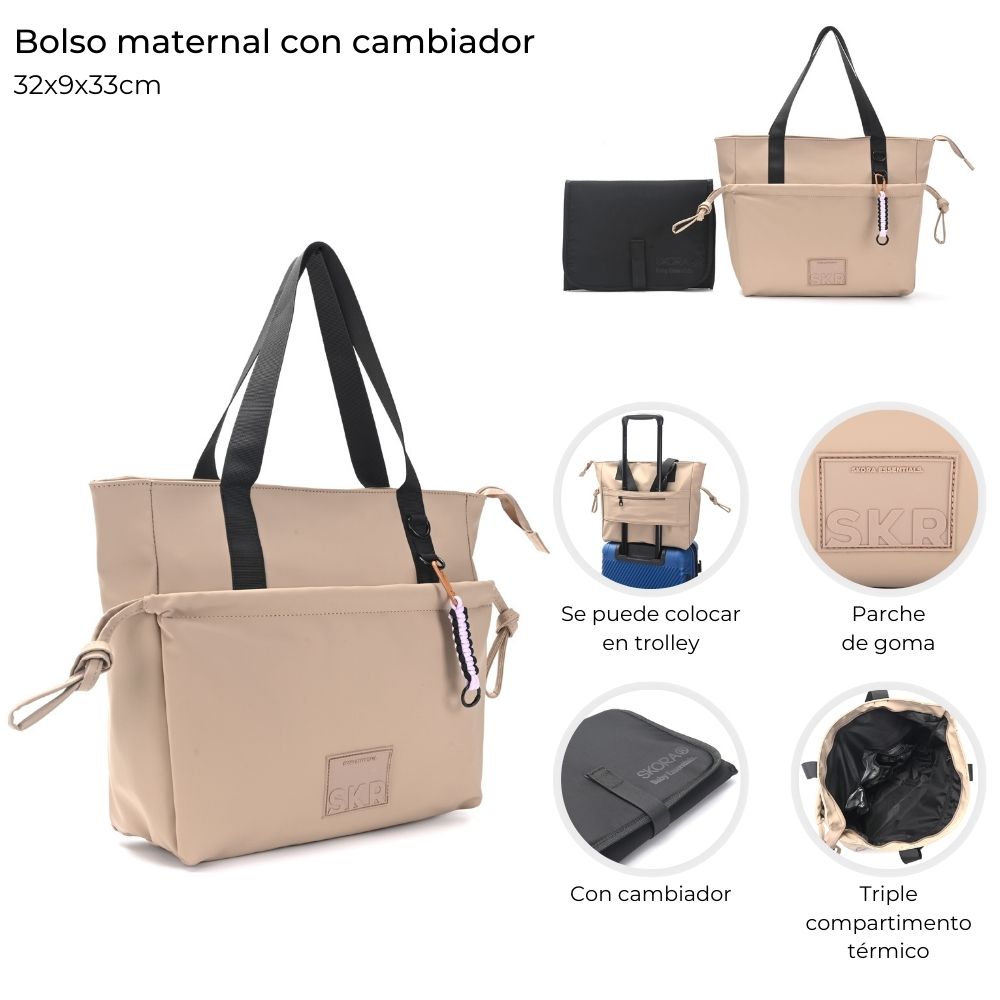 Bolso Maternal Skora Con Cambiador y Llavero Color Beige