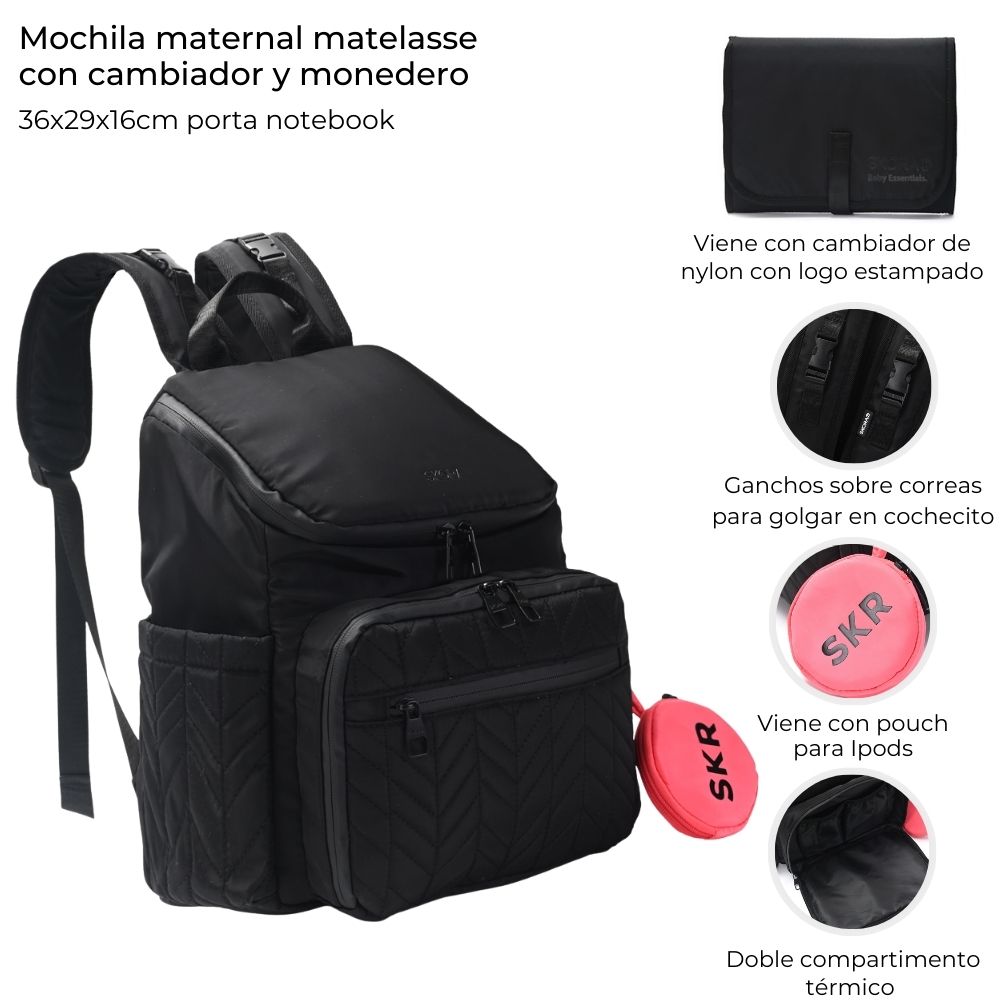 Mochila maternal Skora matelasse Negra con cambiador y monedero