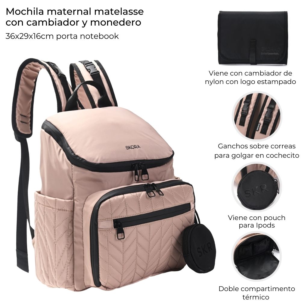 Mochila maternal Skora matelasse Beige con cambiador y monedero